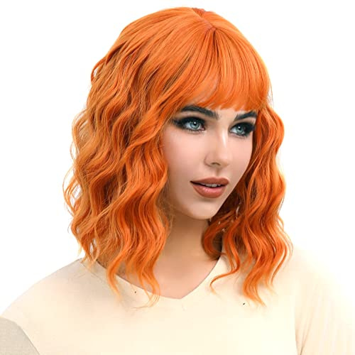 Colorful panda orange auburn kort bob vågig peruk med lugg för kvinnor kort lockigt naturligt hår axellängd värmebeständig syntetiskt hår peruk för Halloween fest dagligen 14 tum