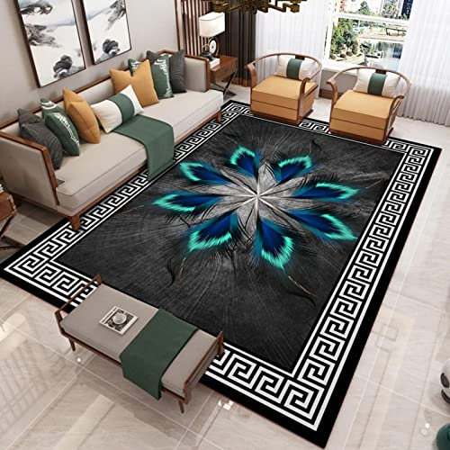 Klassischer Orientteppich, Bunte Federn auf schwarzem Hintergrund, Kurzflor Waschbarer Anti-Rutsch Ornamente Muster Teppich 180 x 180 cm