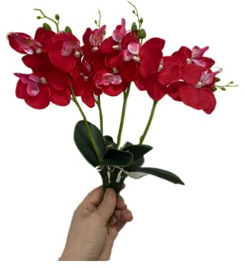 Lot de 4 bouquets de fleurs tropicales artificielles de 27,9 cm avec 3 têtes de fleurs en soie et orchidées phalaenopsis feuilles artificielles pour mariage, décoration d'intérieur, fleurs(rouge)