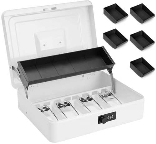 Sgorlds Large Locking Cash Box with Combination Lock and Money Tray,Portable Money Box with Cash Tray, Lock Safe Box for Office Business, Deluxe Cash Boxes, 11.8 x 9.5 x 3.5, White