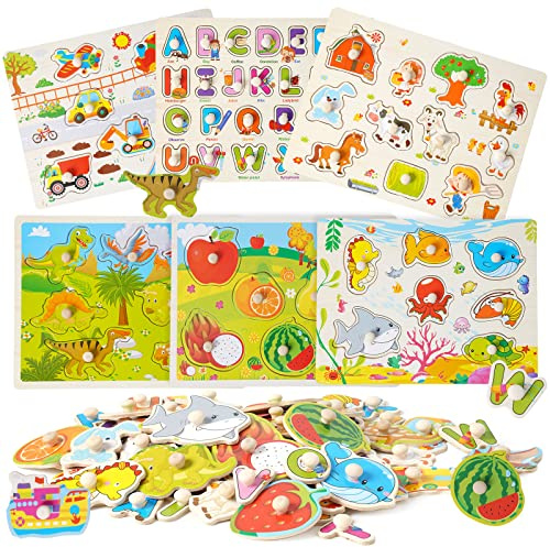 6 Puzzle di legno incorporato puzzle educativo giocattolo montessori fattoria puzzle, trasporto, alfabeto, insetti, animali marini, dinosauro ragazzo e ragazza regalo 1 2 3 4 anni