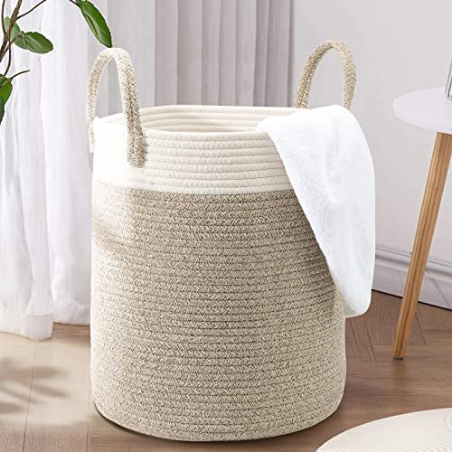 LA BONHEUR Wäschekorb Geflochten Laundry Basket Groß Wäschesammler Wäschesortierer kinderzimmer Wäschetonne Aufbewahrung Spielzeug Aufbewahrungskorb Baumwolle（mit Henkel Faltbar）35cm*40cm