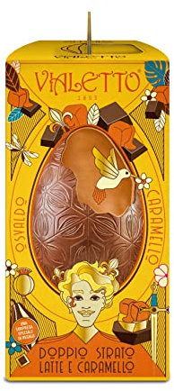 Vialetto Uovo di Cioccolato al Latte e Caramello - Contiene una Sorpresa 100% Made in Italy, Confezione in Carta Certificata FSC - Uovo di Pasqua Doppio Strato da 320 Grammi - Osvaldo