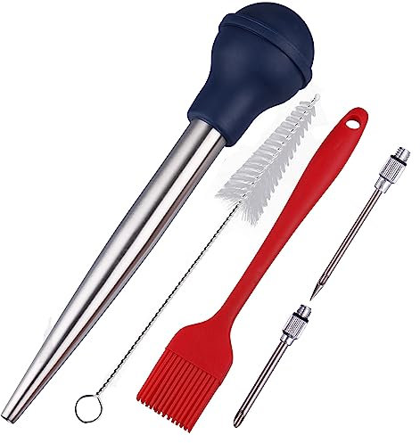Kalsreui Turkey Baster Set, 18/8 Stainless Steel Turkey Baster Syringe for Cooking, Meat Injector Baster with 2 Needles & 2 Cleaning Basting Brush, Baster for Flavor Meat Poultry, Beef&Chicken Blue