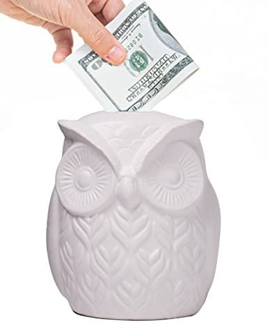 NENBOLEC Owl Piggy Bank Statue Animal Figurine Modern Decor Sculpture Gift for Desktop Bookshelf Office Table Ceramic 5.5 Inch