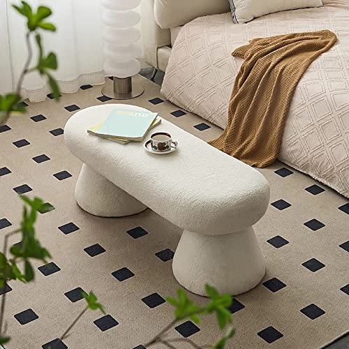 Generic Moderne Boucle Polsterbank, Rechteckiger Couchtisch, Fuzzy Sherpa Ottomane Bank, Faux Fur Eingangsbank Fußhocker, Fußstütze Für das Wohnzimmer, Flur, Schlafzimmer, Bettbank, Weiß, Holzbein