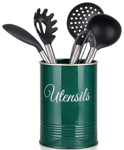Innoteck Metal Utensil Holder, Powder-Coated Cutlery Organiser Pot with Non-Slip Base, Rust-Proof Countertop Storage for Spoons, Spatulas, Knives, Forks & Cooking Tools – Farmhouse Style, Green