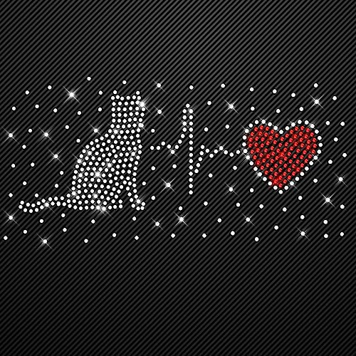 Glitzerdeals Bügelbilder aus Strass Katze auf Herzline EGK Herz Aufbügler für Textilien Karneval Kostüm Katze Strassmotiv Kater Aufbügler Glitzer Katzen