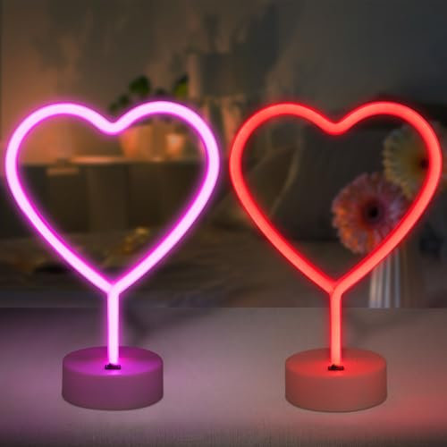 BRIGHTDECK 2-pack hjärta neonskyltar, LED rosa hjärta neonskylt batteridriven eller USB-driven dekoration, neonljus hjärtdekor för mors dag presenter, sovrum, bröllop, fest, rosa rumsdekor