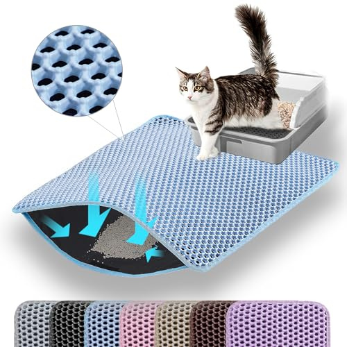 Petinstinct Kattsandsmatta, 60 x 45 cm stor dubbelt lager honungskaka kattsandsfångningsmatta, halkfri vattentät urinsäker kattlåda matta för golv, kattsandsmatta, katttillbehör, blå