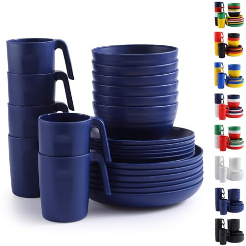 Berglander Set di stoviglie in plastica 24pcs per 6, EUR blu set di piatti e ciotole riutilizzabili include piatti per la cena, piatto da dessert, ciotole di cereali, tazze per casa, giardino, picnic