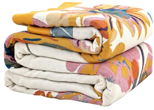 Wotcsil Plaid Coperta Boho Floreale in Cotone per Divano Letto Blanket Boho Coperta Reversibile Bohemien Copridivano Copriletto Poltrona Divano, Arancione Blu, 150x200cm