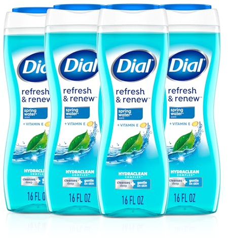 Dial Body Wash, Refresh & Renew Spring Water, 16 Fl Oz (Pack of 4), Hydraclean Complex & Vitamin E, Gentle, Leaves Skin Feeling Nourished, Dermatologist-Tested, No Parabens & Sulfates