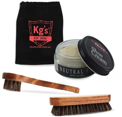 Kg's Kit de cirage pour chaussures comprenant un vernis, une brosse en crin de cheval, un applicateur et un sac de rangement, neutre, Regular