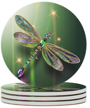Jewel Libellen-Untersetzer, saugfähig, Keramik-Stein, Getränkeuntersetzer mit Halter, Keramik-Untersetzer mit Korkboden, 10,2 cm, Tischschutzmatte für Heimdekoration, Küche, Bar