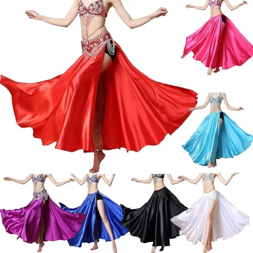 MUNAFIE Langer Rock mit Schlitz Bauchtanz Rock Satin Röcke für Damen Bauchtanz Kostüm Rot
