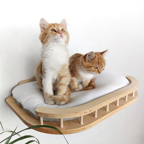 RshPets® Wandmontiertes Katzenbett - Hängematte für Katzen - Katzenregal - Katzenhängematte - Katzentreppe - Katzen Wandelemente - Kletterwand Set (Helle Farbe)