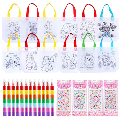 NAMIS 12 Stück Stoffbeutel zum Bemalen für Kinder,Beutel Zum Bemalen für Kinder und Stapelbare Wachsmalstifte (7 Farben in 1),Taschen Bemalens Kindergeburtstag,Bastelset Kindergeburtstag