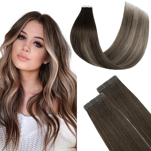 FUOTONBUTY Tape Extensions Echthaar Doppelt Genäht, Ombre Mittelbraun bis Honigblond Tape in Extensions Echthaar, 20 Stück 50g Invisible Tape Extensions, Tape on Extension Echthaar 50cm