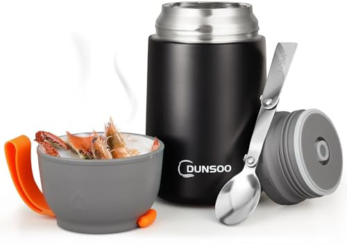 DUNSOO Thermobehälter für Essen 650ml | Wärmebehälter für Speisen Edelstahl mit Faltbaren Löffel | Thermo Lunchbox Ideal für die Aufbewahrung von Suppen, Brei, Eiscreme und Joghurt. (Schwarz, 650ml)