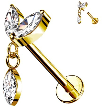 AWAKEN Piercing Labret Titanio a forma foglie pendente e cristalli bianchi e Filettatura Interna Helix Hoops Daith Trago Tragus Rook Conch Cartilagine Orecchino Donne PWC-181 Oro Trasparente