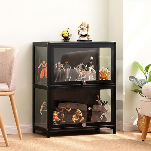 Pounjsd Glas Acryl vitrine, Kuriositätenschränke mit Glastüren, Vitrine für Sammlerstücke, 2-stufige Bücherregal, Wohnzimmerschrank, durchsichtige Vitrine für Wohnzimmer und Büro 60×32×73cm Schwarz