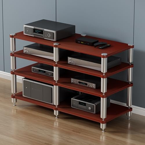 4-Stufiger HiFi Rack Audio Regal Plattenspieler Ständer Druckerständer Medienregal aus Metall AV-Medienständer Router Stereo Gaming Schrank TV Tisch Record Player Stand Holzregal für Wohnzimmer(Teak)