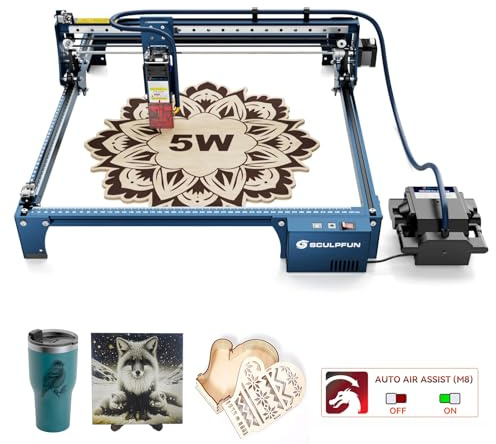 SCULPFUN S30 Laser Graviermaschine 60W mit Automatisch Luftunterstützung, Schneidemaschine 5 W Laserleistung zur Herstellung von 3D-Holzpuzzles DIY Holz Leder, 0,005 mm Gravurgenauigkeit