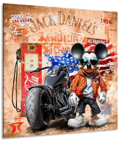Kunstgestalten24 | Micky Harley Route 66 Retro Pop Art Leinwand-Bild | Leinwandbild mit Echtholz-Keilrahmen | Wandbild Gemälde Kunst Art | Hochwertige Kunstdrucke | XXL Bilder auf Leinwand