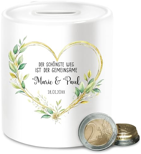 Spardose - Der schönste Weg ist der gemeinsame mit Name Datum I Persönliche Geschenke zur Hochzeit Geschenk Brautpaar Hochzeitsgeschenk - Unisize - Weiß - Wedding Gifts for the Bride and Groom