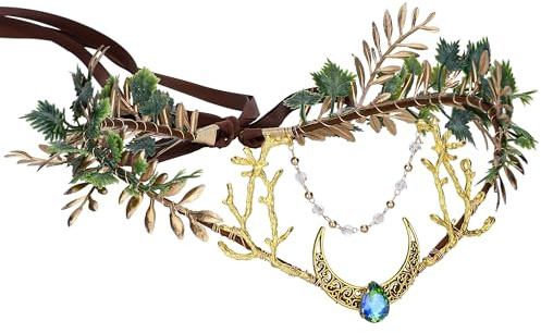 MOSTORY Gold Mond Fee Krone für Renfaire Cosplay, Waldelfe Kopfbedeckung für Waldfeenkostüm Damen