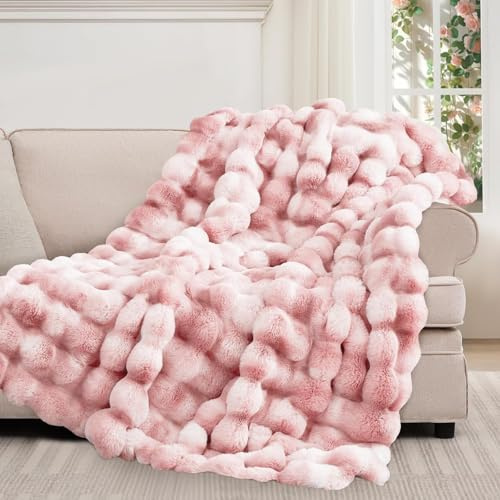 ROMROL Premium Kaninchen-Kunstfelldecke 130x150 cm, Dick Luxus Kunstfelldecke Winterdecke Maschinenwaschbar Für Sofa Bett Couch, Ultraweiche Plüschdecke Geschenk, Batikrosa