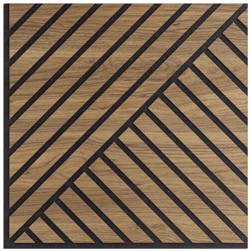MODULARREDO | HOOGAPANEL, Lot de cinq panneaux décoratifs muraux acoustiques à lattes Obliqui double en bois, 55 x 55 p1,1 cm, noyer Asie - Fabriqué en Italie