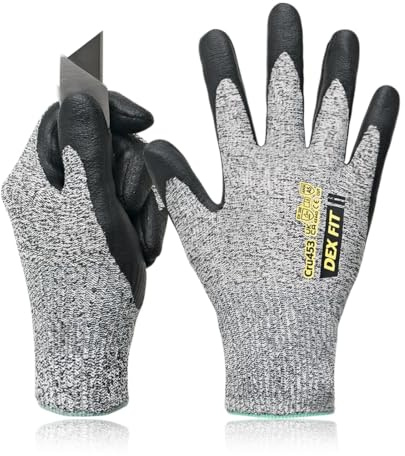 DEX FIT CRU453 Guanti da lavoro antitaglio Lite A5, 13‑gauge 3D Comfort Fit, palmo in nitrile a base d’acqua, sottili & traspiranti, touchscreen, lavabili;Grey S 1 Pair