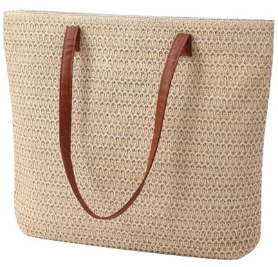Hixingo Bolsa Playa Paja Grande XXL Mujer Hombre, Bolso Playa de Verano Plegable Ligero Shopper Tote Bag para Piscina Picnic Compras Viajes Vacaciones Uso Diario Sauna (42 * 20 * 46cm,Beige)