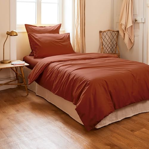 Générique Housse de Couette 2 Pieces 140 x 200 cm Unie 100% Percale de Coton Peigné – 80 Fils/cm² + 1 taies d'oreiller 65 x 65 cm Volant piqué Percale 1 Place Certifié Luxury Qualite (Terracotta)