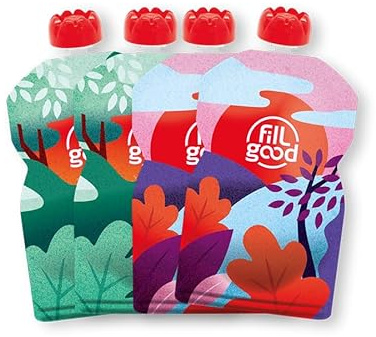 FILLGOOD – Set mit 4 wiederverwendbaren Lebensmittelbeuteln 130 ml für Babys und Kinder und Erwachsene/Wiederbefüllbare Quetschbeutel für Apfelmus oder Püree, waschbar