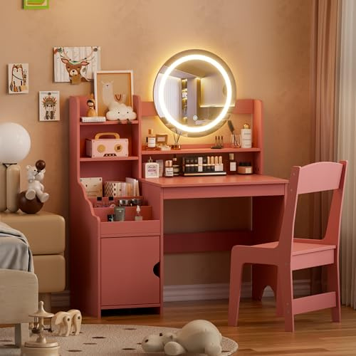 MSFE Postazione Trucco Bambina, Toletta da Trucco con Luci specchio, Sgabello, Scrivania Trucco in Legno, Vanity Desk set for Makeup Idea Regalo Adatto per Bambini 3+ Anni (Rosa)