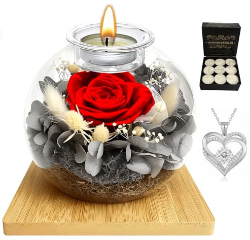 Eternal Rose Birthday Gifts for Women,Preserved Real Roses in Glass Dome with Scented Candle&Heart Necklace,Long-Lasting Eternal Flower,Valentine Forever Rose Gift for Mum Wife Sister Girlfriend (Red)
