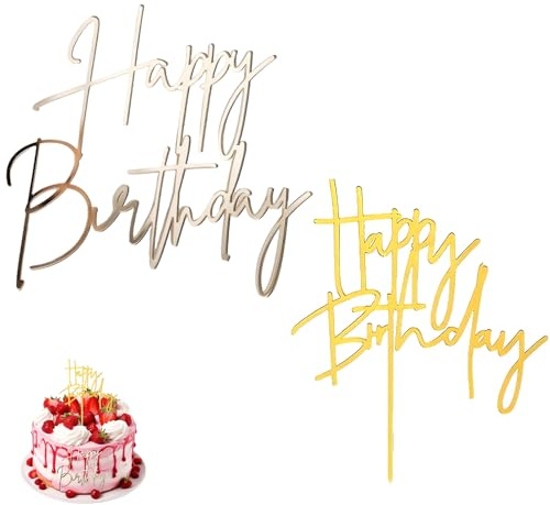 2 Pcs Gold Happy Birthday Cake Topper, Birthday Cake Toppers Gold Cakes Decorations, Cakes Decorations for Women, Baking Accessories Themed Side Decoration Suitable for Boys Girls and Children