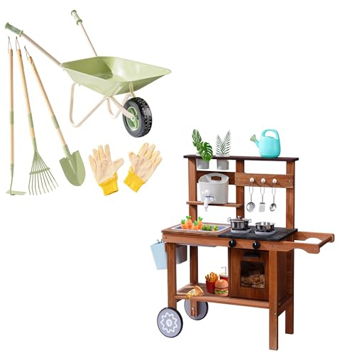 ROBOTIME Outdoor Mud Kitchen & Kids Wheelbarrow Set, Wooden Play Kitchen with Water Faucet + 5PCS Metal Gardening Tools, Yard Pretend Play & STEM Activity Toy for Kids Ages 3+