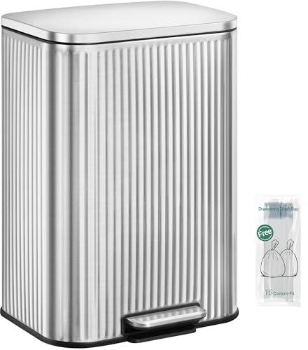 Hzuaneri Poubelle de Cuisine, Poubelle à Pédale de 50 Litres avec bac Intérieur Amovible, Motif à raies droites, Couvercle à Fermeture Douce et 15 sacs Poubelles, Acier inoxydable, Argent SW15199E