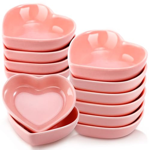 Incisite 12 PCS Ceramic Heart Shaped Dipping Bowls, Pink | Mini Soy Sauce Dish, Porcelain Side Dish for Dinner Wedding Sushi Candy, Multipurpose Seasoning Dishes Serving Dishes