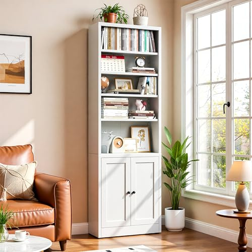 BIZOEIRON 24 breites Bücherregal mit Schrank, 7-stufiges Bücherregal und 5 verstellbare Einlegeböden, hohes Metallbücherregal für Home Office und Wohnzimmer