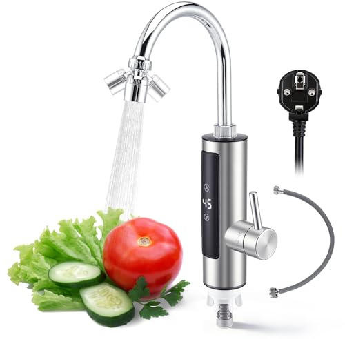Grifo eléctrico de 3,4 kW con calentador de agua para cocina – Grifo de agua caliente con pantalla digital (30 – 50 °C), caño giratorio 360° y chorro doble, agua caliente instantánea para fregadero