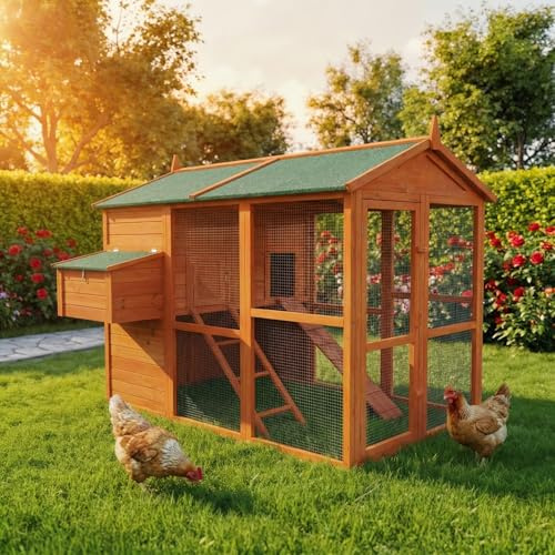 Miweba MyAnimal Hühnerstall MH-15 | 186x146x147 cm | Für 7 Hühner (Braun) | Winterfest | Vogelhaus | Hühnergehege mit Nistkasten | Voliere | Hühnerhaus | Freilaufgehege Huhn | Legenest | Vogelvoliere