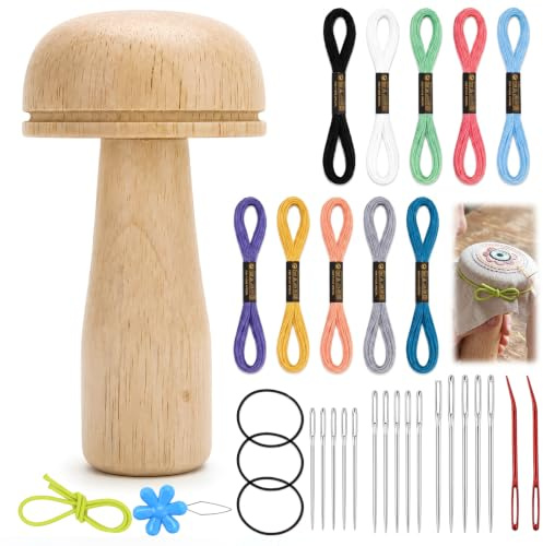 Stopfpilz Set aus Holz zum Nähen von Fäden, Socken, Pullovern, Hosen, Hüten | Set: 1x Stopfpilz, 17x Nadeln & 10x Nähfäden | Aus Natürlichem Holz | Zum Stopfen von Socken, Pullovern, Hosen Und Schals