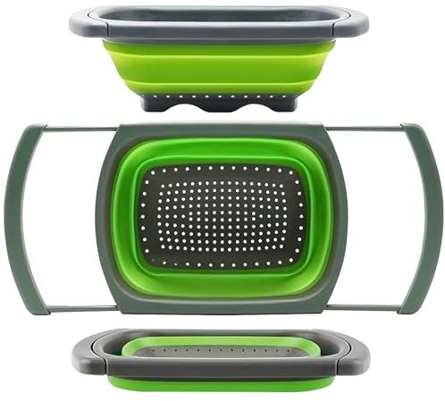 Qimh Colander collapsible, Colander Strainer Over The Sink Vegetable Fruit Strainer Basket (6 Quart) with Extendable Handles, New Kitchen Essentials