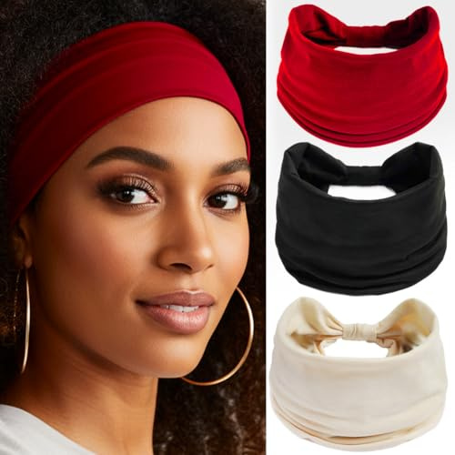 Fashband Large Bandeau Élastique Doux Rouge Bande de Cheveux Sport Workout Turban Accessoires pour Cheveux pour Femmes et Filles (Lot de 3)