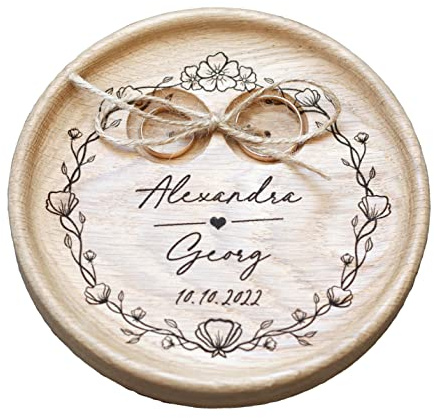 Ringkissen Hochzeit Holz mit gravierten Namen und Datum, Personalisierte hochzeitsgeschenk, Ringschale, Ringträger geschenk Blumen